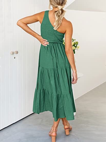 Solid One Shoulder Sleeveless layered Pleated Dress