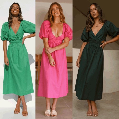 Hollow Waist V-neck Sweet Midi Dress