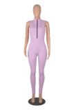 Rib Knit Sleeveless Skinny Tight Zipper Jumpsuit