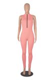 Rib Knit Sleeveless Skinny Tight Zipper Jumpsuit