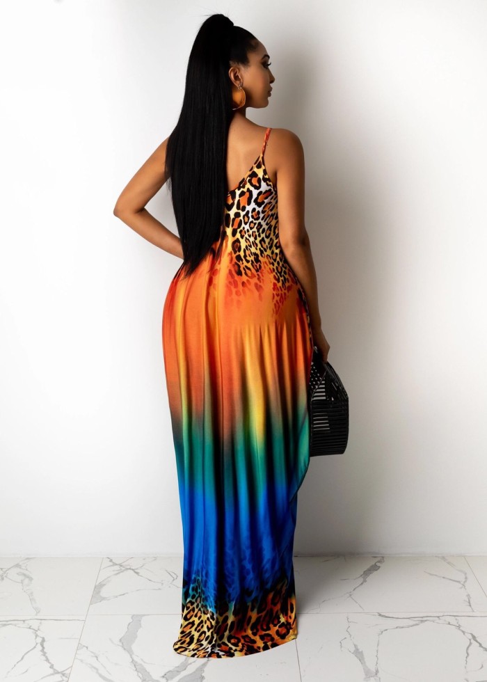 Leopard Positioning Print Loose Suspender Dress With Pocket
