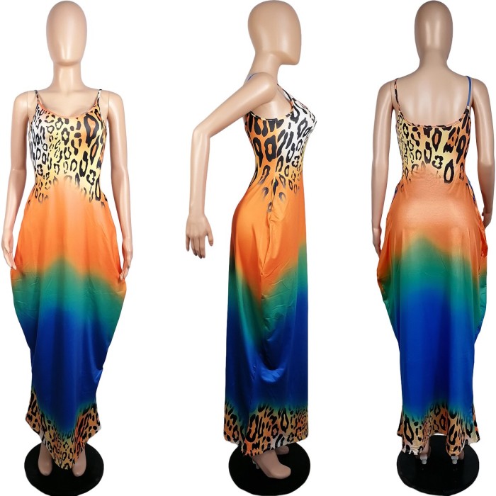 Leopard Positioning Print Loose Suspender Dress With Pocket