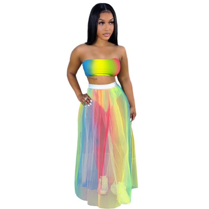 Printed Chest Wrapped Colorful Mesh Skirt Two-piece Set