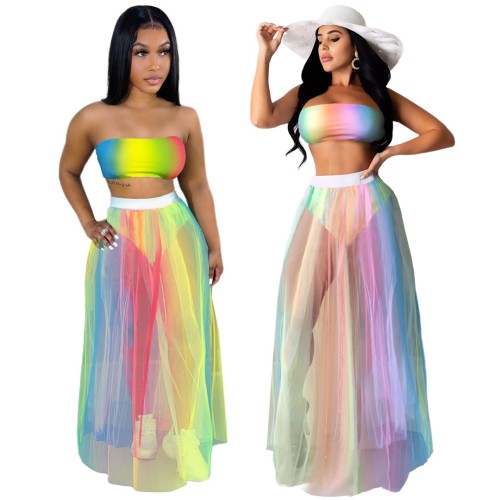 Printed Chest Wrapped Colorful Mesh Skirt Two-piece Set