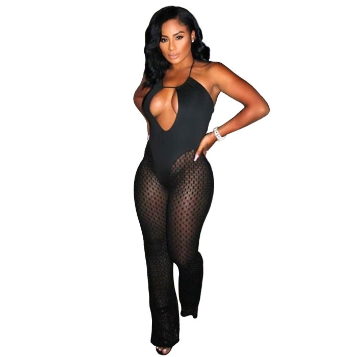 Hanging Neck Perspective Mesh Top Sexy Jumpsuits