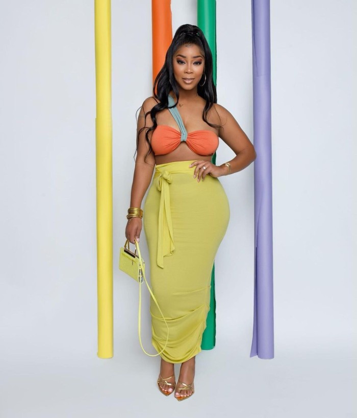 Strapless suspender High Waist Pleated Color Matching Skirt Two-piece Set