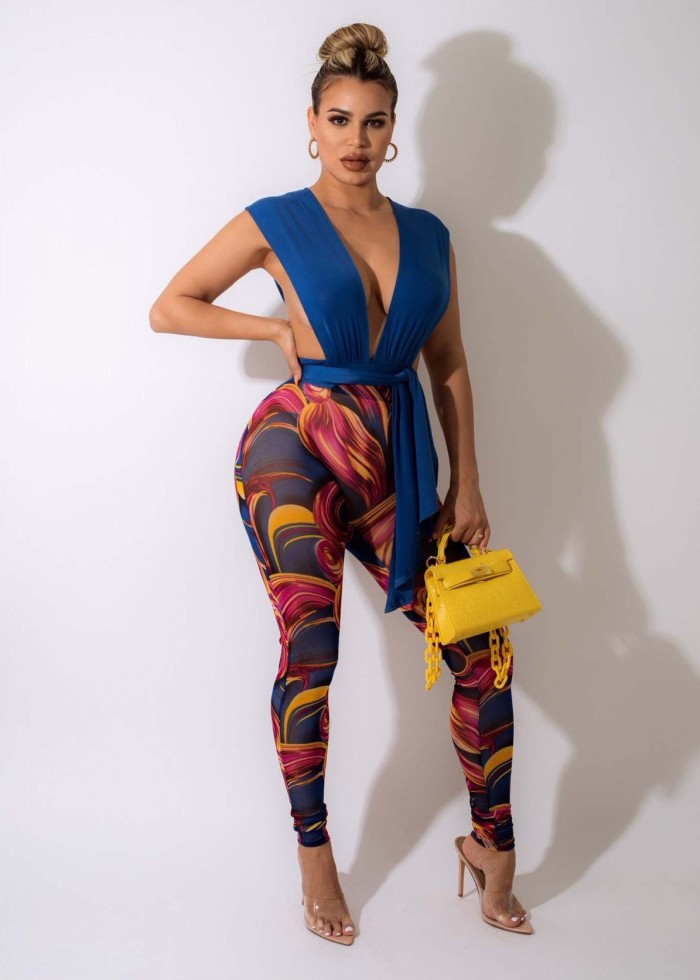 Fashion bandage V-neck Printed Pants Set