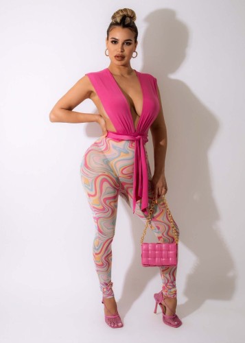 Fashion bandage V-neck Printed Pants Set