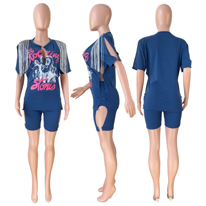 Printed Split Tassel Short Sleeve T-shirt Shorts Set