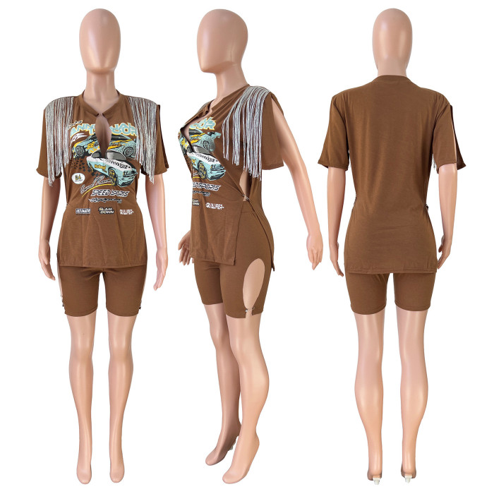 Printed Split Tassel Short Sleeve T-shirt Shorts Set