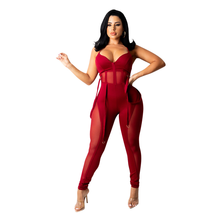 Mesh Patchwork One Piece Sexy Bandage Jumpsuit