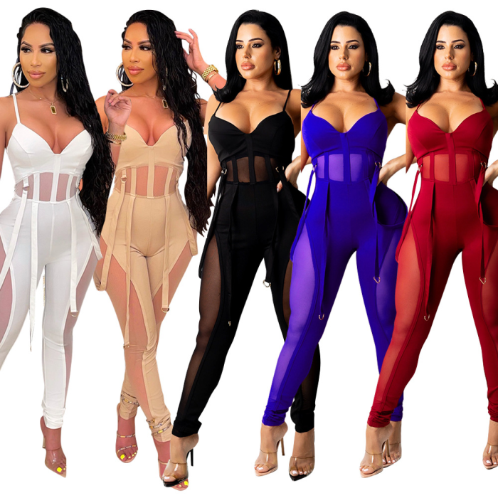 Mesh Patchwork One Piece Sexy Bandage Jumpsuit