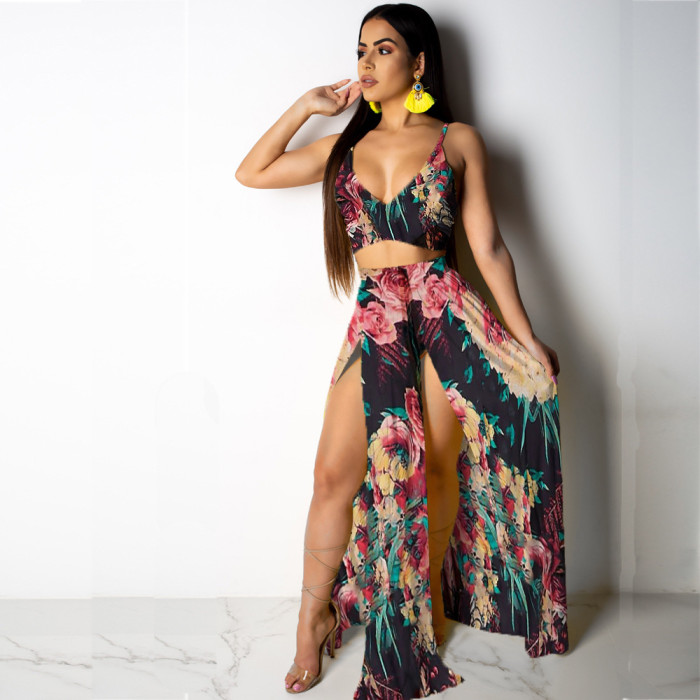 Floral Print Sexy Crop Top Maxi Skirt Set