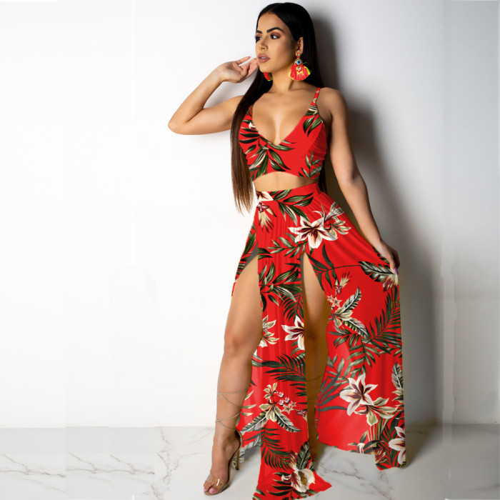 Floral Print Sexy Crop Top Maxi Skirt Set