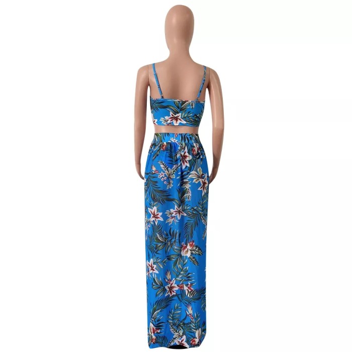 Floral Print Sexy Crop Top Maxi Skirt Set