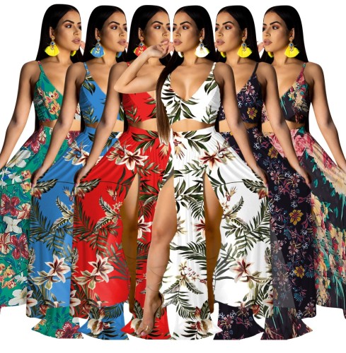 Floral Print Sexy Crop Top Maxi Skirt Set