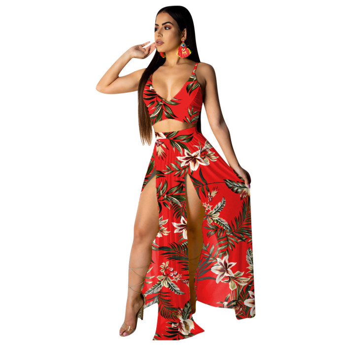 Floral Print Sexy Crop Top Maxi Skirt Set