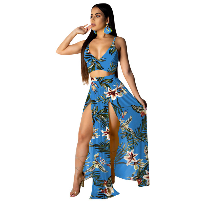 Floral Print Sexy Crop Top Maxi Skirt Set