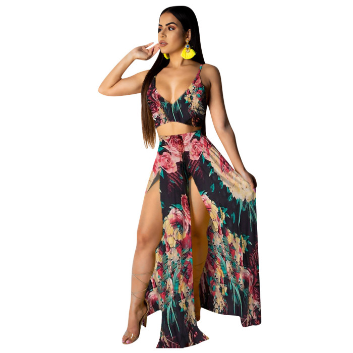 Floral Print Sexy Crop Top Maxi Skirt Set
