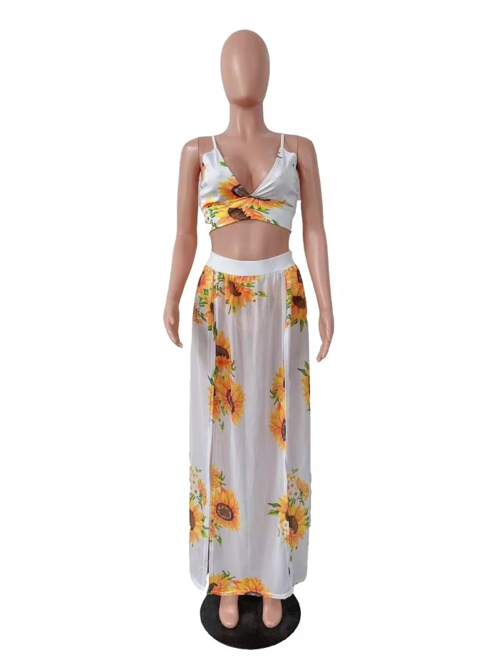 Floral Print Sexy Crop Top Maxi Skirt Set