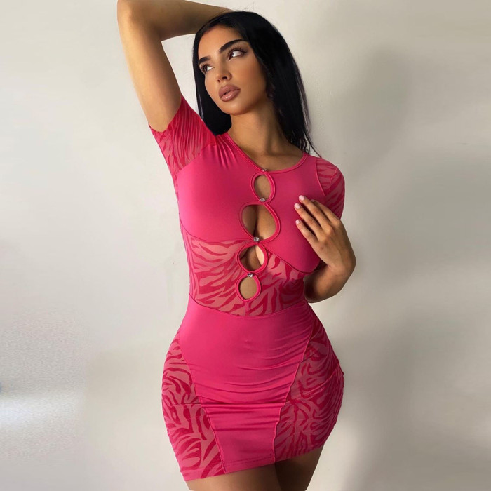 Mesh Stitching Hollow Out Sexy Party Mini Dress