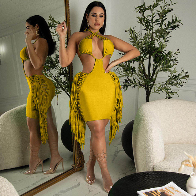 Backless Hollow Out Sexy Tassel Club Dress