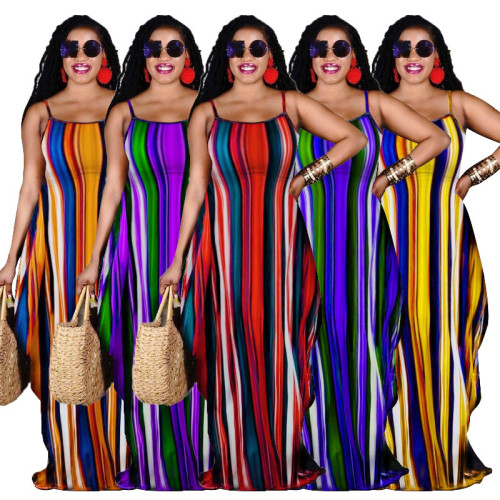Loose Multicolor Striped Printed Suspender Beach Dress