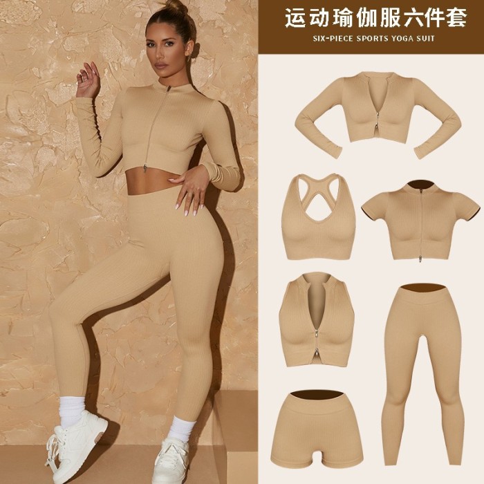 Women Seamless Yoga Outfits Running Ribbed Leggings Zipper Crop Top Gym Clothes Sets