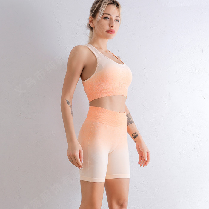 Gradient Hanging Dyeing Seamless Knitted Sports Bra Yoga Suit