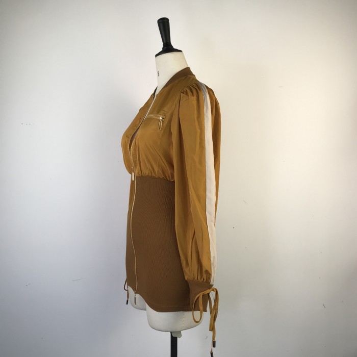 Loose Long Sleeve Zipper Color Contrast Dress