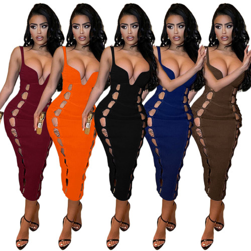 Solid Color Threaded Hollow Nightclub Sexy Dress