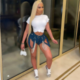 Denim Jean Shorts With Rhinestone