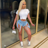 Denim Jean Shorts With Rhinestone
