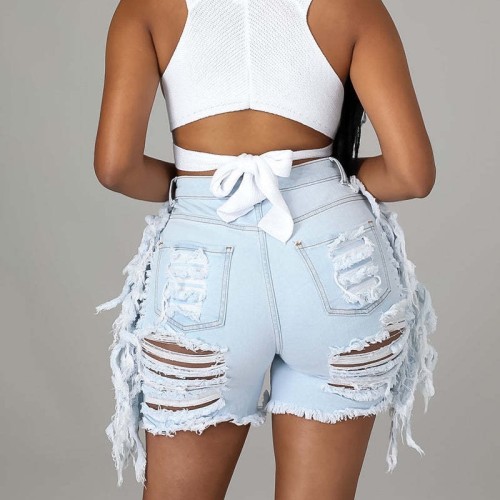 Ripped Hole Tassel Denim Shorts