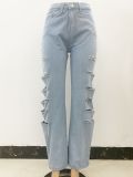 Summer Blue Straight High Waist Zipper Fly Solid Hollow Out Full Length Regular Jeans Pants