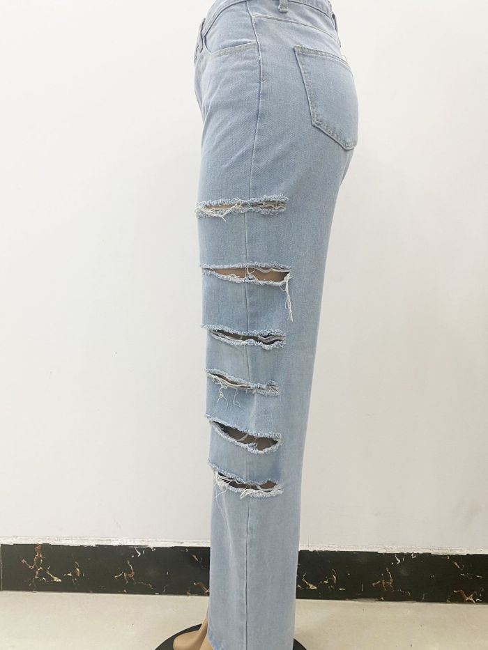 Summer Blue Straight High Waist Zipper Fly Solid Hollow Out Full Length Regular Jeans Pants