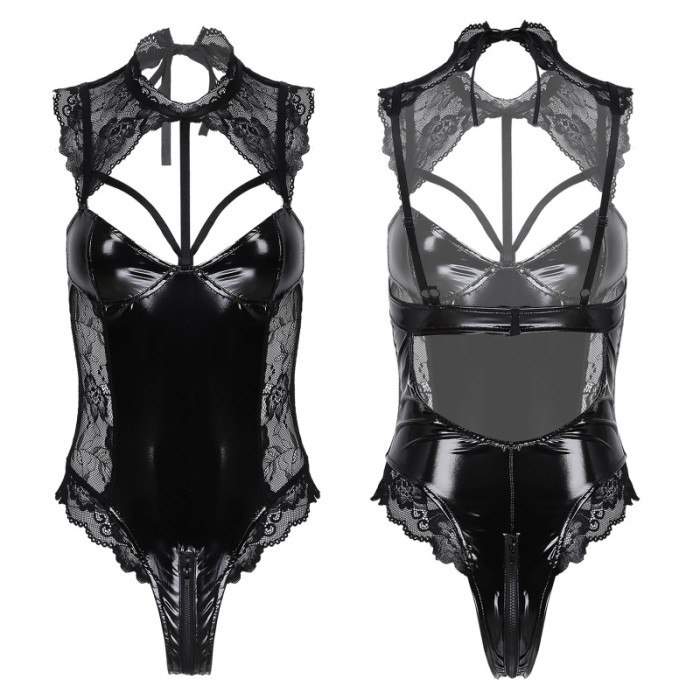 Black Lace Stitched Patent lLeather One-piece Hollowed Out Lingere