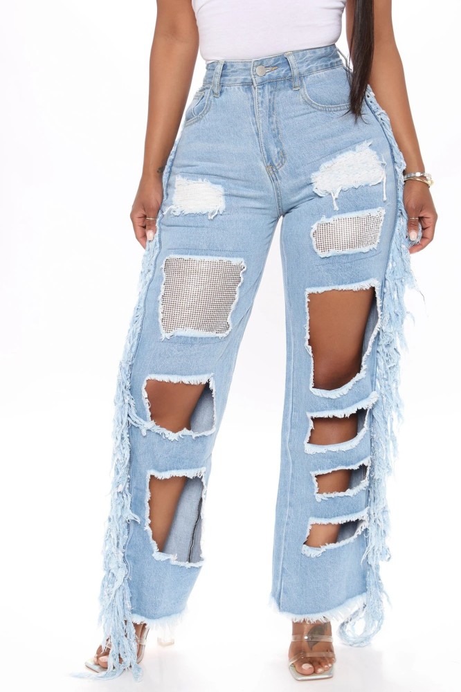 Ripped Loose Sequin Patch Flared Jeans