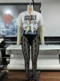 Letter Print T-shirt Lace Perspective Pants Two piece Set