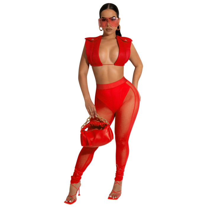 Sexy Slim Fit Solid Color Top With Mesh Pants Two-piece Set