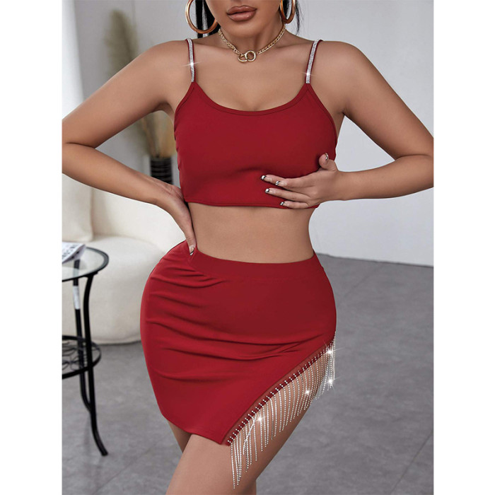 Diamond Rhinestone Sexy Mini Skirt Set