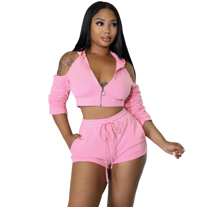 Solid Color Zipper ruched Sexy Backless Two Piece Shorts Set