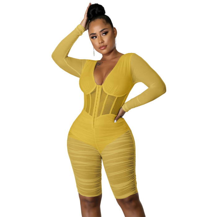 Fashion Mesh Stitched Pleated Sexy Casual Jumpsuit