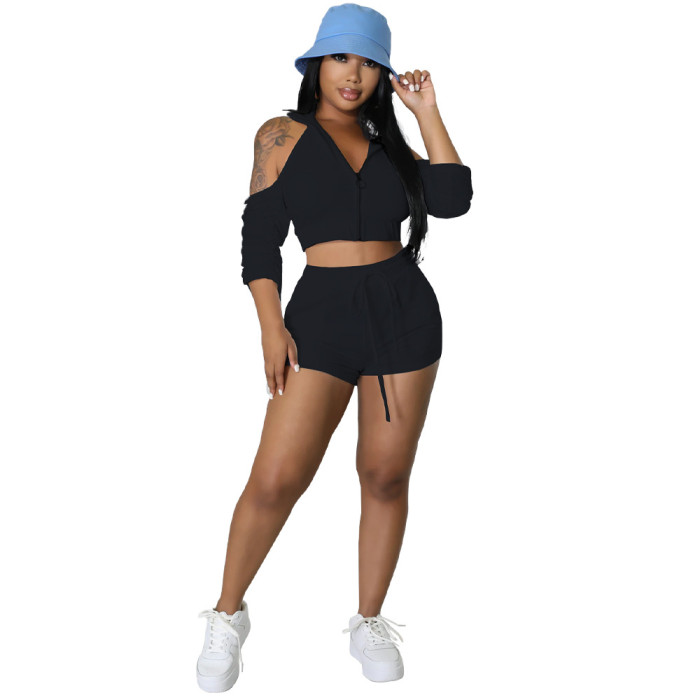 Solid Color Zipper ruched Sexy Backless Two Piece Shorts Set