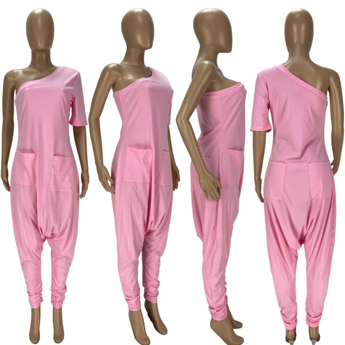 Women Summer Pink Casual Slash Neck Short Sleeves Solid Pockets Full Length Loose Jumpsuit