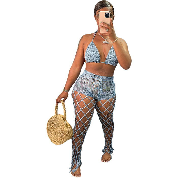 Hollow see through Two Piece Beach Style Fishnet Sexy Fashion Pants Set