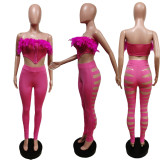 Mesh Combination Ripped Feather Suit