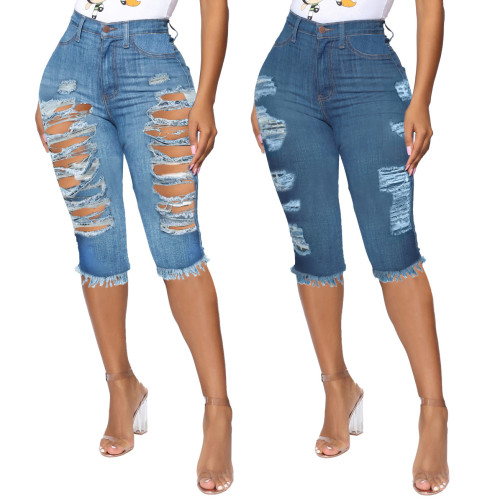 Ripped High Waist Washed Elastic Denim 7-Point Pants