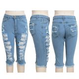 Ripped High Waist Washed Elastic Denim 7-Point Pants