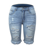 Mid-rise Ripped Denim Bermuda Shorts